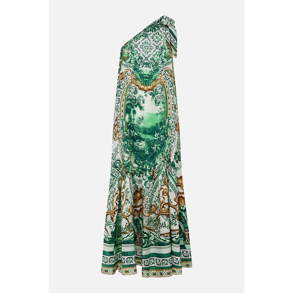 NWT Camilla Corridor Of Calm Green Silk One Shoulder Tie Maxi Dress sz M L - Picture 3 of 15